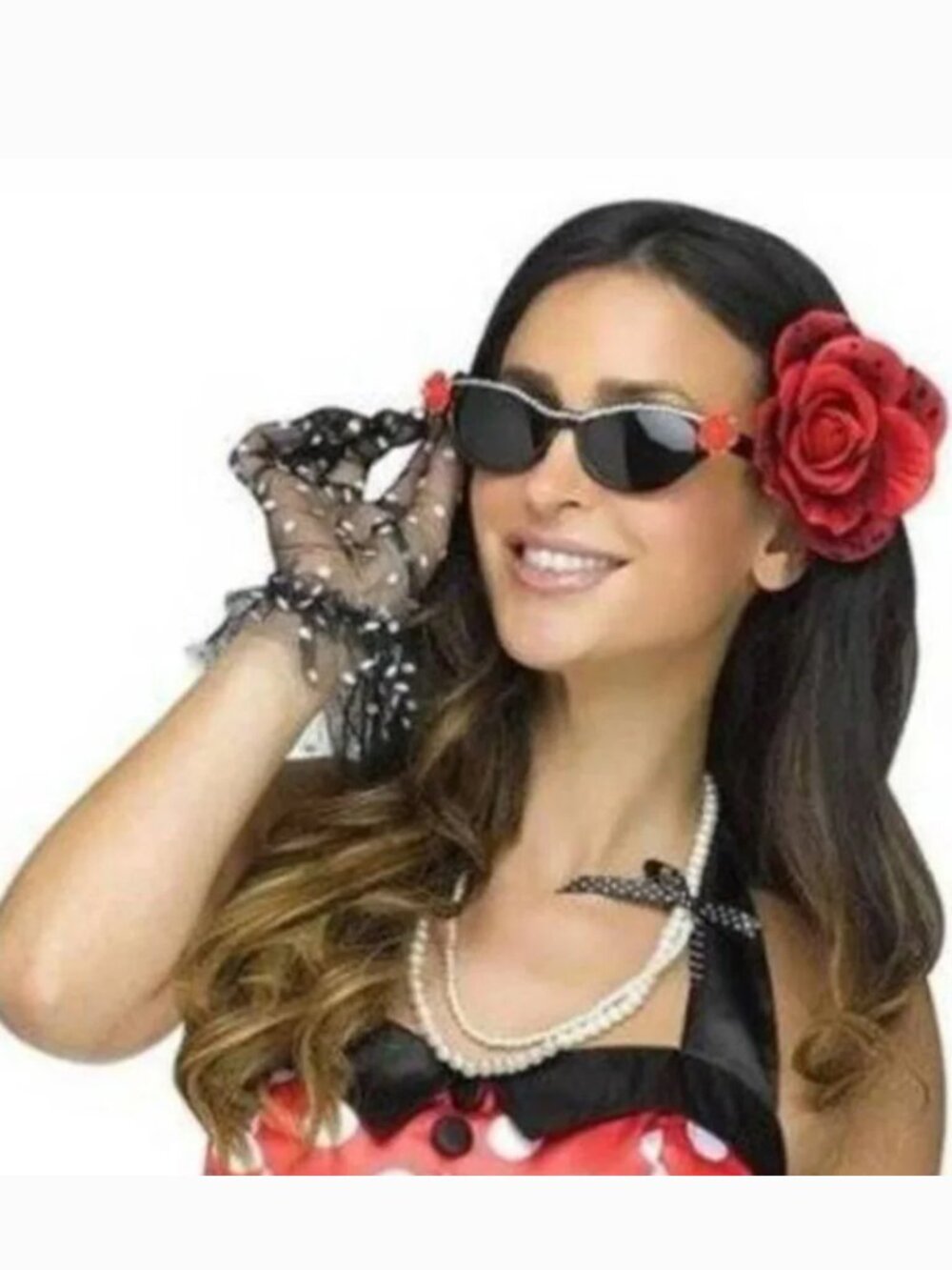 Beehive 50's Kit Gloves, Necklace, Glasses 5 Pc Halloween Costume Accessory 14+